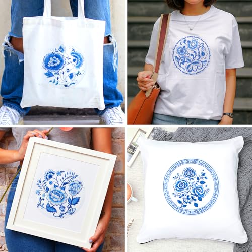 Image of BEUNITONE 4 Set Embroidery Kit for Beginners, Blue Flower Cross Stitch Kits, Needlepoint Kits for Adults with Instructions and Full Kit, Classical Hand Embroidery Patterns for Cloth and Home Decor