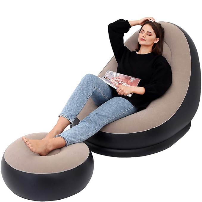 HELLYPO Inflatable Lounge Chair for Adults, Folding Portable Lazy Sofa with Foot Stool Indoor Livingroom Gaming Bedroom Office Balcony, Outdoor Travel Camping 2-in-1 with Air Pump (Black & Brown)