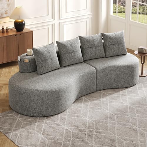 Cloud Couch - Sofá curvado con tela de lino, sofá modular con 4 cojines, portavasos y bolsillo lateral, sofá sin boneless con relleno de espuma de alta densidad y piezas de muelles, para salón (gris