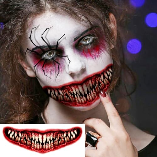 Image of 7 Sheets Halloween Spider Web Eye Temporary Tattoos For Women Men Adults, Realistic Zombie 3D Red Blood Mouth Joker Clown Temp Scary Face Fake Tattoo Stickers, Vampire Tattoos Halloween Makeup Kit