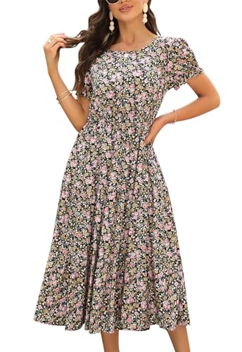 Image of NAVINS Womens Floral Print Modest Wedding Guest Midi Dress with Pockets | Puff sleeve tiered boho dress for summer, church, and vacations. Elastic waist, Below knee, hand or machine wash.