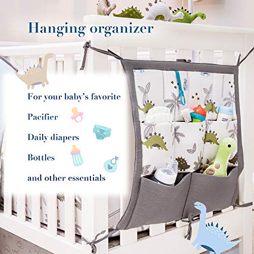 Image of Dinosaur Baby Bedding Set Boys - 6 pcs Baby Boy Bedding Sets Dino Blanket, 2 Fitted Bed Sheets, Pillowcase, Skirt & Dinosaur Nursery Organizer - Designed in France, Blue-White