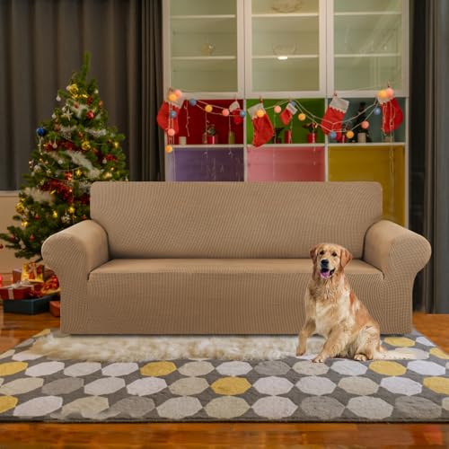 KEKUOU Stretch Sofa Cover Slipcover ,Couch Covers for 3 Cushion Couch Sofa pet Friendly (78"-94") Furniture Protector Sofa with Elastic Bottom for Kids,Dog, Jacquard Small Checked(Large,Camel)