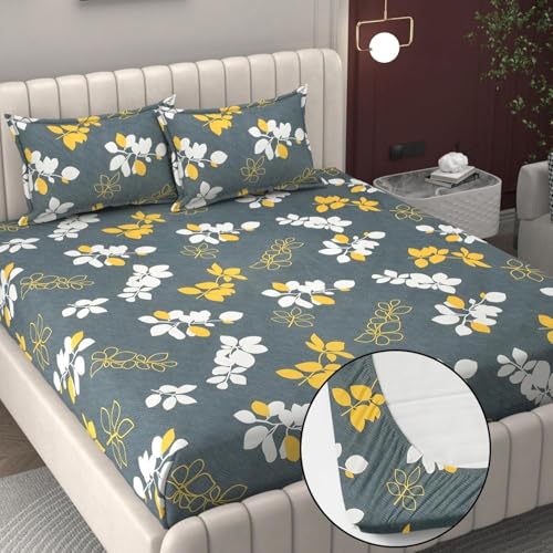 Image of 380 TC Premium Glace Cotton Elastic Fitted Bedsheet King Size with 2 Pillow Covers King Size | Double Bed with All Around Elastic (Grey Yellow, Fitted - 72 inchx78 inch King)