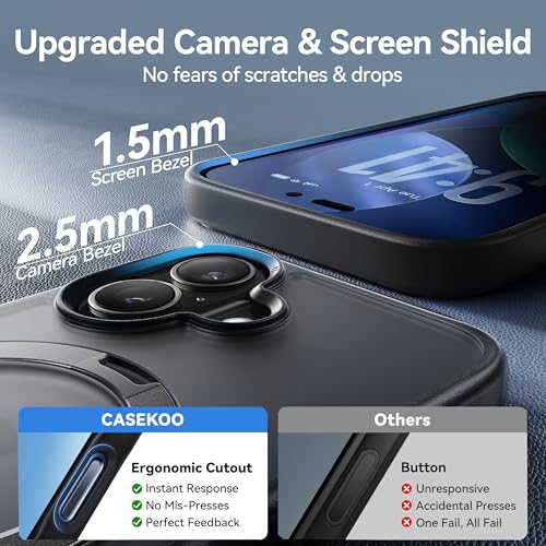 Image of CASEKOO Ultra-Magnetic Stand for iPhone 17 Case, Shockproof & Slim, Black | [Military Drop Protection] [Compatible with MagSafe] Translucent Matte for iPhone 17 Phone Case with Ring Holder 6.3 Inch