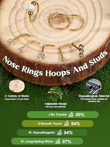 Jstyle 14K Gold Nose Rings for Women Men - 20G Stainless Steel Nose Rings Hoops L Shaped Studs Hypoallergenic Nostril Piercings Jewelry Helix Cartilage Daith Tragus Sleeper Earrings Gold/Silver4