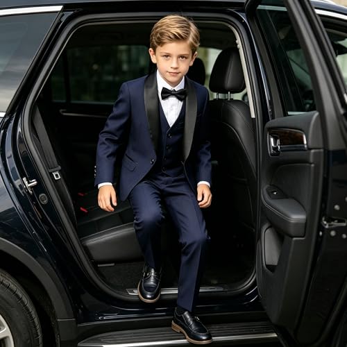 Image of Boy Suits 3 Piece Slim Fit Formal Suit Set with Tuxedo Jacket Vest Pants for Kids Wedding Ring Bearer Party