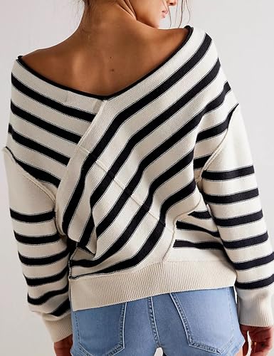Women's Long Sleeve Striped Color Block Knitted Sweater V Neck Oversized Pullover Jumper Tops3