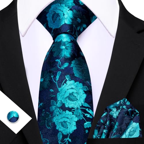 Image of Barry.Wang Flower Ties for Men Handkerchief Cufflinks Set Wedding Necktie Set Party