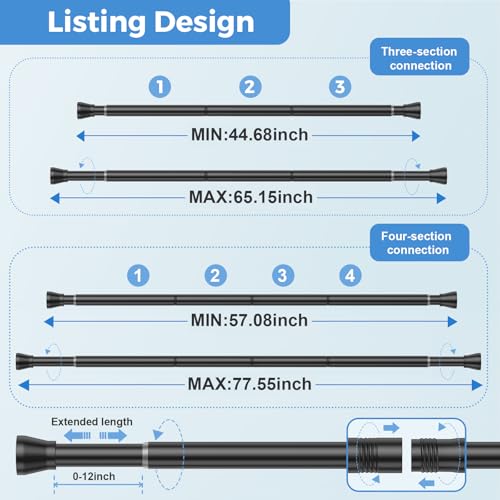Image of Tension Curtain Rod 45-77 Inch 2Pack Black Shower Tension Rod Adjustable Curtain Rods No Drilling Shower Curtain Rods for Bathroom,Doorway,Closets,Windows