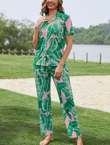 Image of SWOMOG Women Pajama Set 2 Piece Button Down Pajamas Short Sleeve Lounge Sets with Long Pants Soft Sleepwear with Pockets