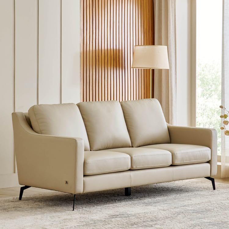 Image of Home Centre | Parque | Half Leather|Solid Wood | 3 Seater Sofas | Cream | 1 Year Warranty