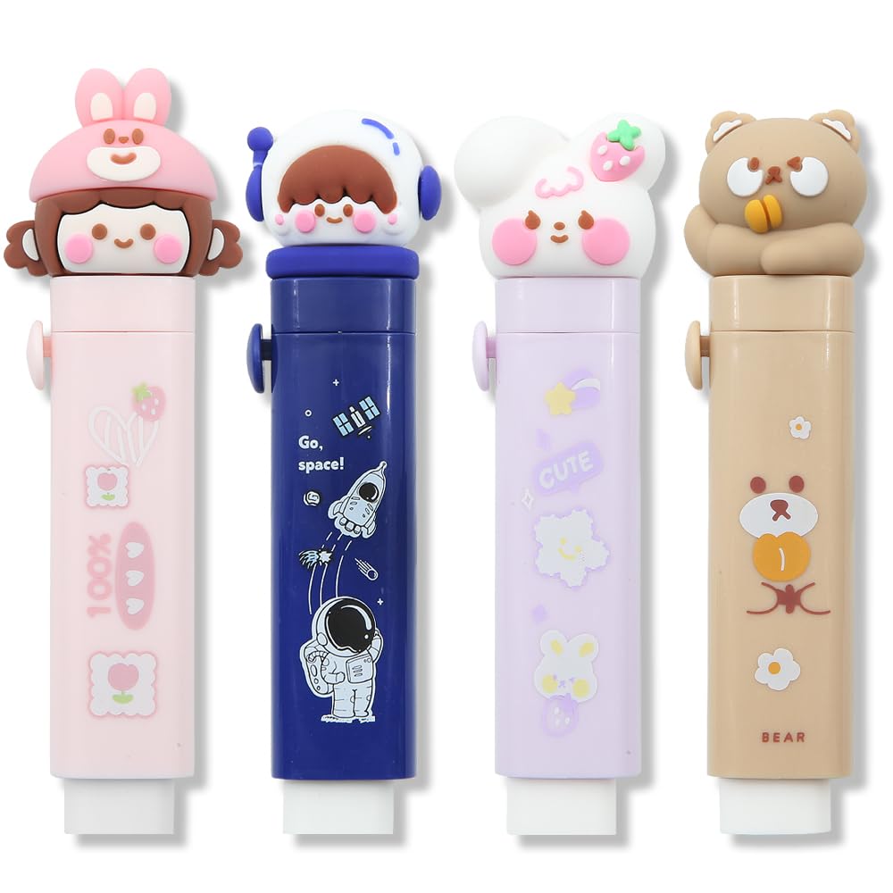 Cute Cat Paw Retractable Rubber Eraser, 4 Pcs With 4 Refills, Sliding Eraser for Kids Students Writing Office School Supplies