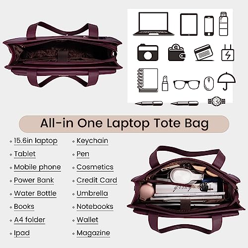 Image of LOVEVOOK Laptop Tote for Women - 15.6 Inch Professional Leather Computer Briefcase, Waterproof Shoulder Bag, Large Capacity Business Teacher Office Bag, Crossbody Purse - Fuchsia