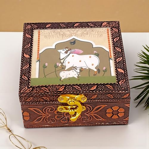 Image of Wooden Jewellery Box for Women - Ivory Sand | Handcrafted Pichwai Design with Lock | 4x4 Inch Organizer for Earrings Rings | Return Gift for Wedding Diwali Pooja
