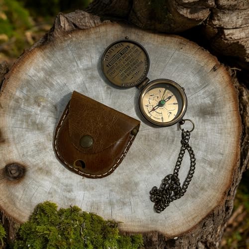 Brújula de latón antigua con cadena y estuche miniatura 7