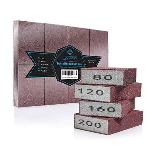 TOOLCORE® Schleifschwamm | 8 Stück - K80-200 | Flexibel & Waschbar | Holz-Metall-Kunststoff | Schleifpapier, Handschleifer, Schleifklotz,