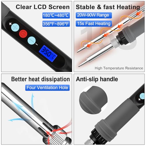 Soldering Iron Kit 90W LCD Adjustable Temperature 180-480°C, 16 in 1 Welding Tools with Switch 5 Soldering Tips, Solder Wire, Desoldering Pump, Wire Stripper Cutter, Stand, Tweezers, Tool Case 3 Soldering Iron Kit 90W LCD Adjustable Temperature 180-480°C, 16 in 1 Welding Tools with Switch 5 Soldering Tips, Solder Wire, Desoldering Pump, Wire Stripper Cutter, Stand, Tweezers, Tool Case - Image 3