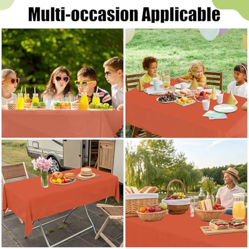 Image of Smiry Disposable Table Cloth 3 Pack, 54 x 108 Inch Waterproof Plastic Tablecloth, Decorative Rectangle Table Covers for Party, Birthday, Picnic, Rust