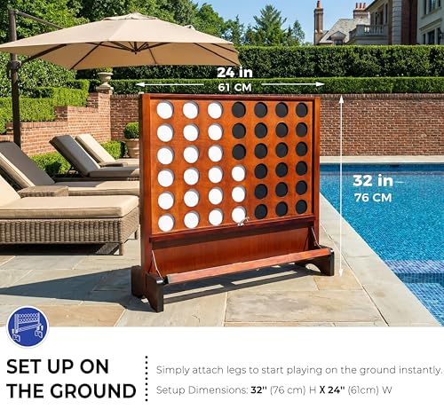 Image of Giant Wooden 4 in A Row Game for Indoor or Outdoor Games | Foldable Tray, 2 Styles of Play: Wall Mounted or Set-up on Ground, Carrying Case, Detachable Legs, Premium Varnished Pine
