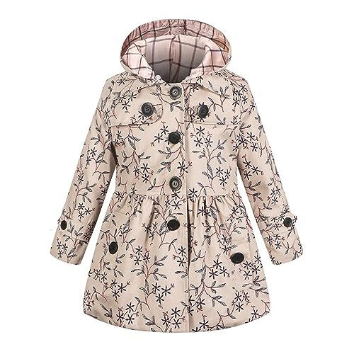 Girl's Hooded Trench Coat Kids Flower Print Parka Outwear Warm Cotton Puffer Hooded Jacket Fall Winter (H, 3-4 Years)