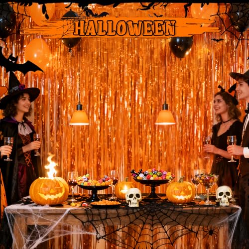 Image of Crosize 3 Pack 3.3 x 9.9 ft Orange Foil Fringe Glitter Curtains Party Decorations, Tinsel Backdrop for Parties, Door Streamers for Birthday, Photo Booth Backdrops, Party Decor