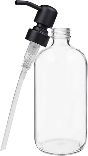 Miniatura 4 de Suwimut Paquete de 4 dispensadores de jabón de vidrio con bomba de acero inoxidable negro mate, botellas redondas Boston transparentes de 16 onzas,