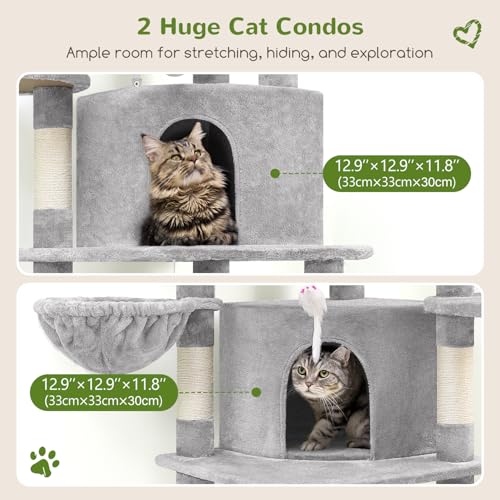 Image of Globlazer Corner Cat Tree for Large Cats, 66inch Tall Curved Series Large Cat Tower for Multiple Indoor Cats with 6 Scratching Posts, 2 Spacious Cat Condos, Hammock, Hanging Basket, C66, Light Grey
