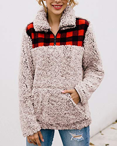 BTFBM Women Fashion Color-Block Plaid Print Warm Fleece Long Sleeve Sweatshirt Zipper Sherpa Pocket Pullover Jacket Tops (Brown, Medium)