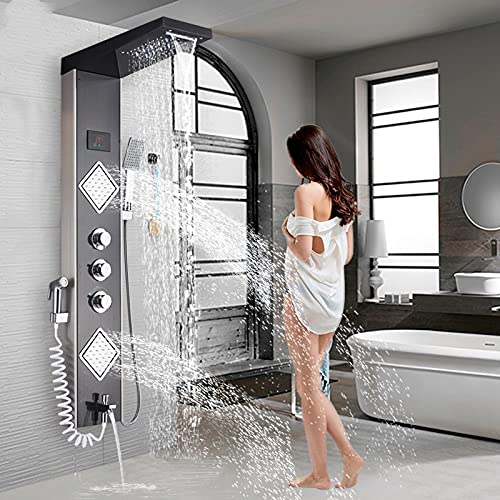Aioneer Luxury Brushed Nickle Bathroom Shower Faucet Led Shower Panel Column Bathtub Mixer Tap W/Hand Shower Temperature Screen