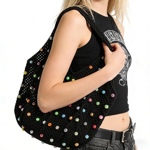 Image of Boho Crochet Beach Tote Shoulder Bag with Colored Beads | Colorful Aesthetic Hippie Knit Bag for Women