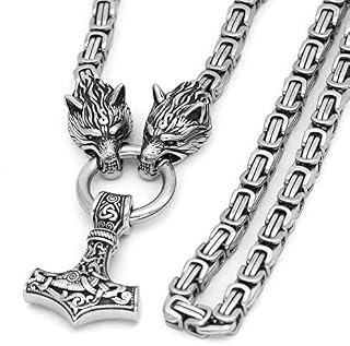 GuoShuang Mjolnir necklace viking jewellery for men wolf with Thor hammer necklace Stainless Steel Chain gift norse pendant