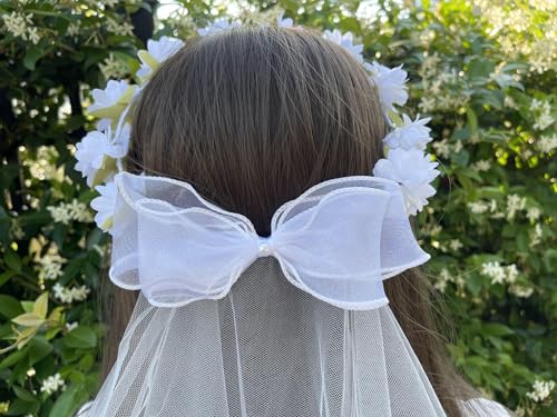 Image of Girls First Communion Holy Veil White Flower Headband Christening Headpiece