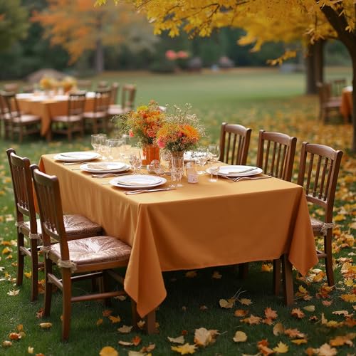 Image of sancua 2 Pack Tablecloth Rectangular 60x102 Inch Light Brown, Thanksgiving Table Cloth Rectangle for 6 Foot Tables - Stain and Wrinkle Resistant Washable Polyester Cover for Fall Dining Parties Bronze