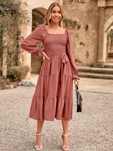 Image of Simplee Womens Long Sleeve Maxi Dress Casual Square Neck Smocked Flowy Fall Wedding Guest Dresses
