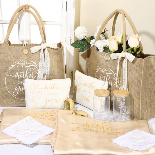 Hushee 12 Pcs Mother of the Bride and Groom Gift Set Includes Silk Robes for Women Tote Bags Make up Bags 16oz Glass with Straws Handkerchiefs Metal Mirrors for Mom Bridal Shower Wedding Gifts2