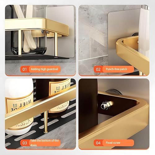 Image of Bathroom Accessories - Multipurpose Aluminium Bathroom Shelf for Wall, Self-Adhesive Wall Mounted Bathroom Organiser Without Drill (2, Bathroom Shelf - Gold)
