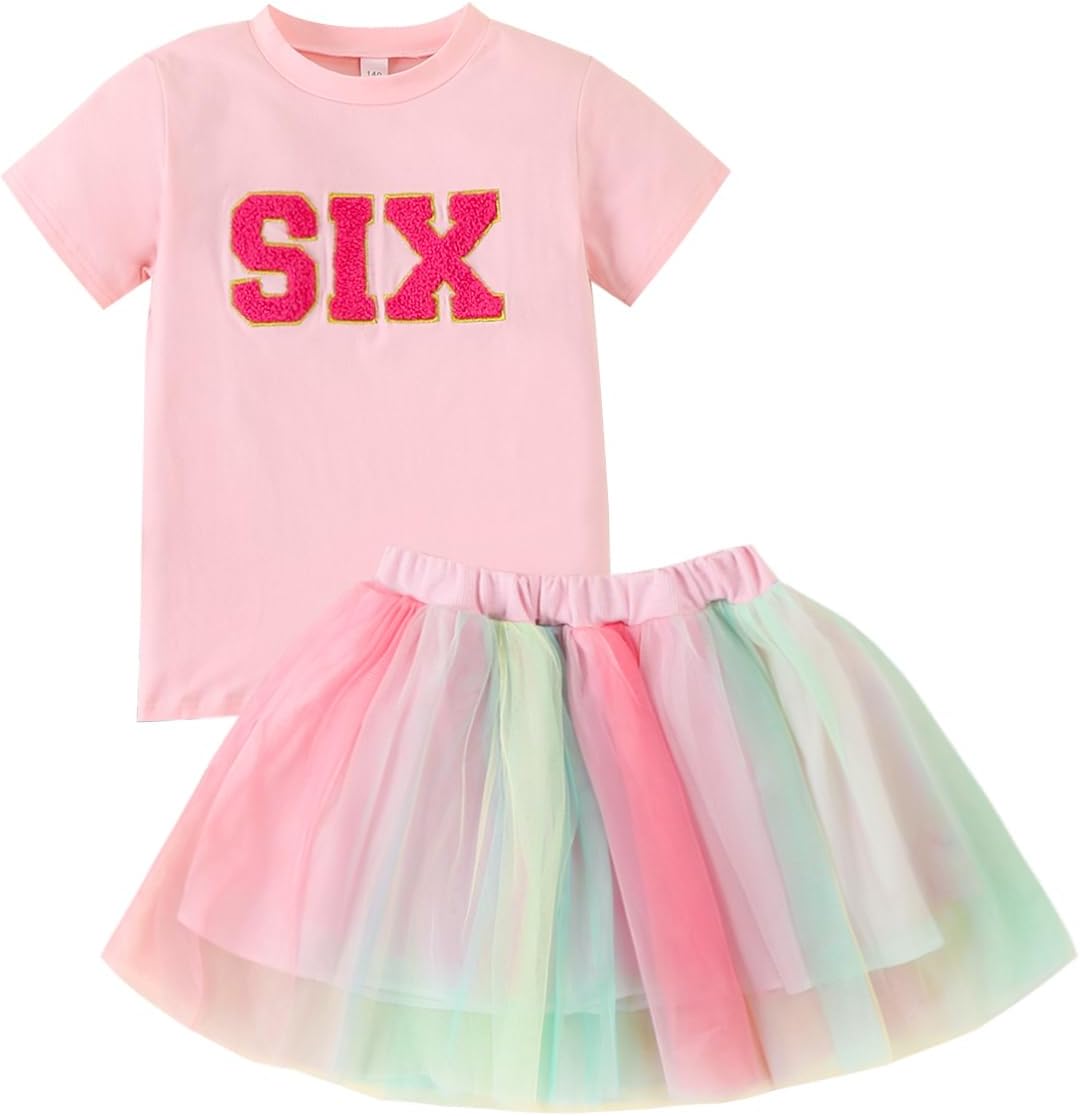 Toddler Kids Baby Girls Birthday Outfit Two/Three/Four/Five/Six T-shirt Rainbow Mesh Tulle Tutu Skirts