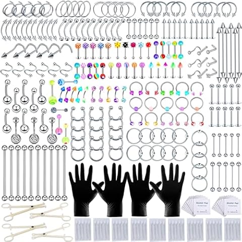 293Pcs Piercing Kit for all Body Piercings with Piercing Jewelry and Tools for Nose Septum Belly Button Lip Ear Tongue Cartilage Eyebrow and More with 12G 14G 16G and 20G Piercing Needles Cover
