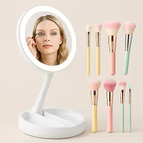 Kit Beleza Completa: Espelho LED com Aumento 10x + 13 Pincéis Profissionais para Maquiagem