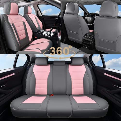 Image of Coverado Car Seat Covers Full Set, Nappa Leather Seat Covers for Cars, Car Seat Protector Car Seat Cushion, Front and Back Seat Protectors Cushions Universal Fit for Most Cars Vehicles(Gray&Pink)