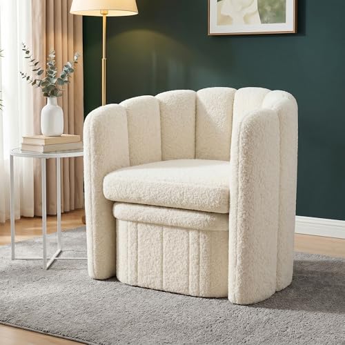 Homkdom Barrel Accent Chair with Storage Ottoman, Teddy Fleece, White