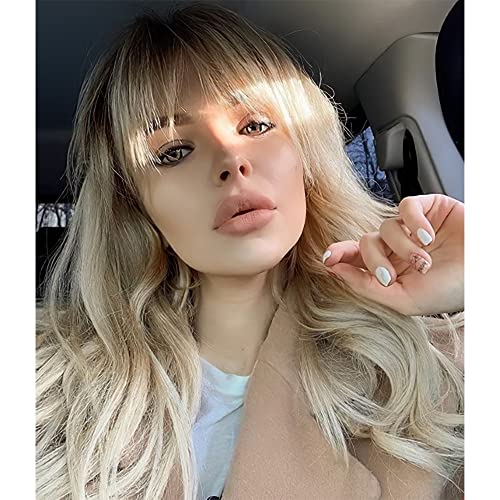 ENTRANCED STYLES Ombre Blonde Wig with Bangs, Long Wavy Wigs for Women Natural Wig Blonde Ombre Wig Synthetic Dirty Blonde Wig Heat Resistant Fiber Natural Looking