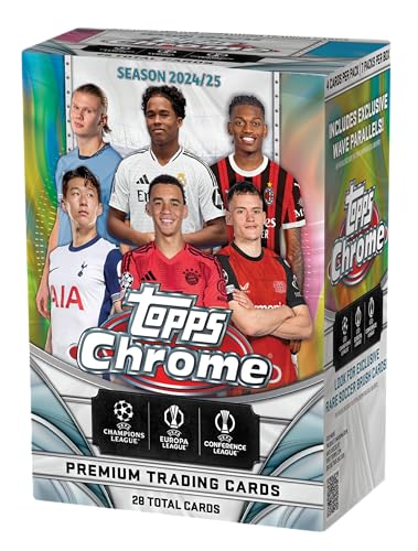 2024-25 Topps Chrome UEFA Vereinswettbewerbe - Wertbox. 7 Packungen pro Box - 4 Karten pro Packung.