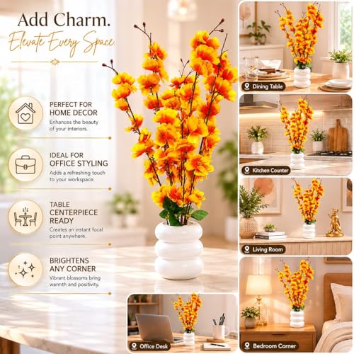 Image of Artificial Yellow Cherry Blossom Flower Plant with White Ceramic Pot | Realistic Faux Floral Arrangement for Home Decor, Living Room, Bedroom, Office Desk