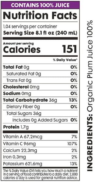 Image of Pomona Organic Plum Juice (Pack of 12), Cold Pressed USDA Organic Juices, 100% Plums, No Added Sugar, Not From Concentrate, Vegan, Kosher, Non GMO, Pasteurized, 8.4 oz Glass Bottles