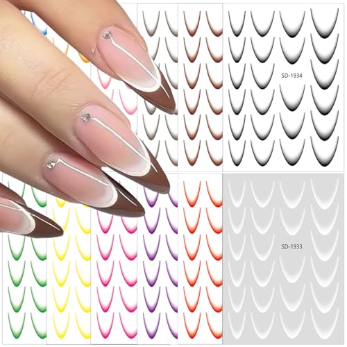 12Sheets Gradient French Line Nail Stickers, Colorful Stripes Line Transfer