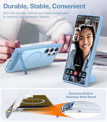 Image of Elzzi Magnetic Cover Compatible for Samsung S24 Ultra 5g Case with Adjustable Metal Kickstand, Compatible with Mag-Safe Translucent Matte Shockproof Protective Phone Case, Official Blue