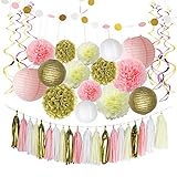 LITAUS Pink Gold Birthday Decorations, Pom Poms Flowers, Paper Garland, Paper lantern, Tassels, Hanging Swirl 1st Birthday Girl Decorations Kids Birthday Bridal Shower Baby Shower