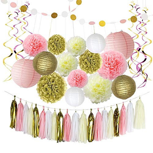 Pink Christmas Decorations,Balloons,Pom Poms Flowers,Paper Garland,Paper Lanterns,Tassels,Hanging Swirl by Litaus